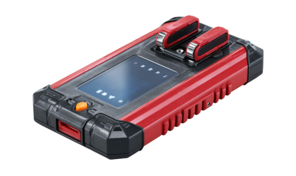 Portable, red and black diagnostic device with touchscreen display and two control levers