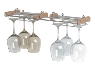 Wall-mounted wine glass rack.  Wooden accents, chrome metal bar, holds multiple glasses