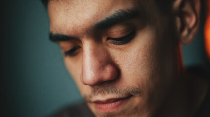 Close up of a young man looking down with a pensive and emotional expression in soft natural light