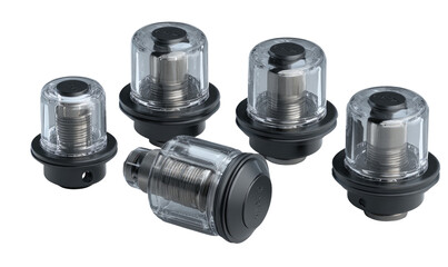 Close-up view of five small, cylindrical components.