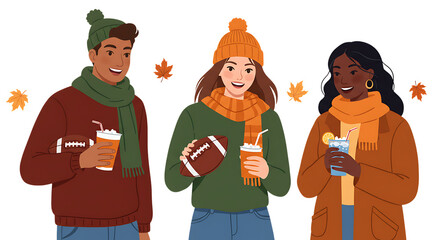 Thanksgiving and Football Vector Illustrations on White Background &ndash; Family, Friends, and Festive Sports Scenes