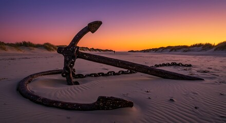 Fototapeta premium Forgotten giant, a rusty anchor at twilight reveals tales of maritime history