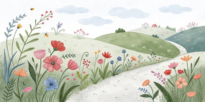 Whimsical watercolor meadow with rolling hills and wildflowers