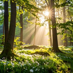 Sunlight streams through a lush forest, illuminating a field of delicate white flowers.