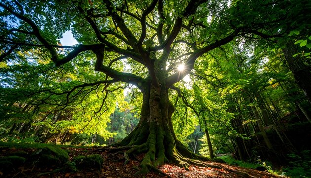 Lush forest canopy with ancient tree