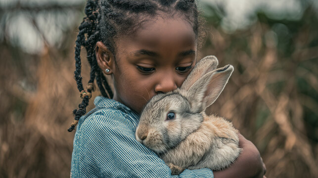 Little black girl holding and hugging her rabbit, wearing a shirt. Cute animal photography with a soft, outdoor background. Friendschip between child and pet. Cute animal, alternative pet. Young girl.