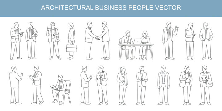 CAD Drawings of Business People Outlines – Vector Illustration Featuring Walking, Standing, and Talking Professionals Isolated on White Background, Perfect for Corporate and Office Design Projects.