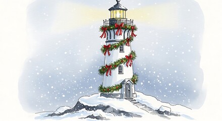 A lighthouse decorated with christmas garland and red bows stands in the falling snow landscape art