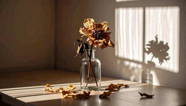 Una flor marchita en un florero de vidrio, colocada sobre una mesa sencilla, con p&eacute;talos ca&iacute;dos alrededor. 