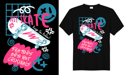 Black streetwear t-shirt with just skate graphic design featuring skateboard illustration, smiley face, and bold text