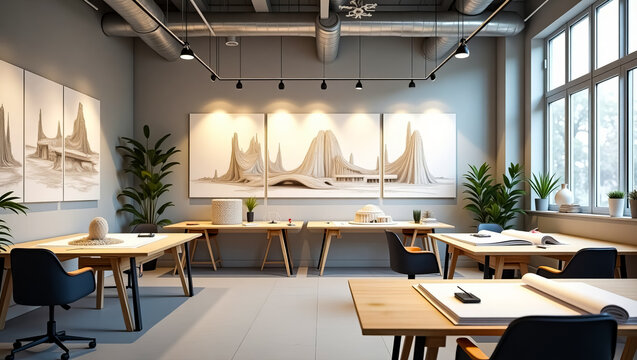 A modern architectural studio office space filled with drafting tables architectural models plants and natural light creating a professional and inspiring work environment for designers