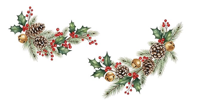 Two christmas corner decorations with pine cones holly berries and bells on a white background design element