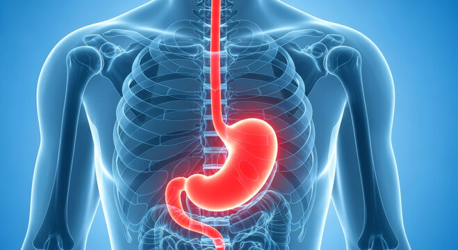 Human anatomy showing the esophagus stomach and rib cage in a medical diagram