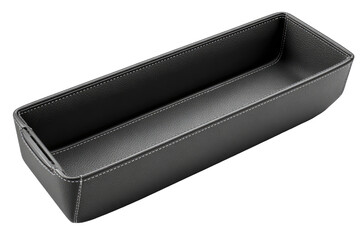 Fototapeta premium Rectangular, gray leather-like tray, interior view. Smooth, dark gray tray with light gray stitching. Empty, long, and shallow