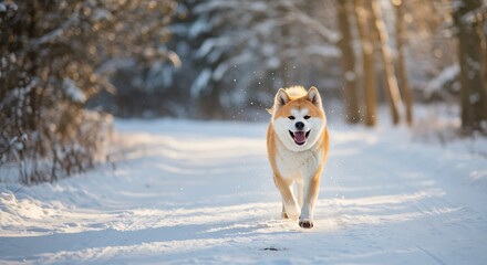 Happy Akita dog running in snowy winter forest on a sunny day.