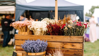 Rustic wooden crate overflowing with dried flowers and lavender at an outdoor market stall.