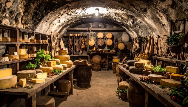 Rustic Cheese Cellar with Cured Meats and Barrels.