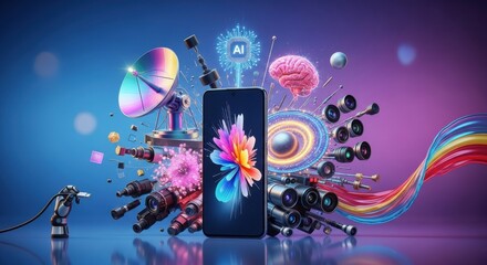 Fototapeta premium Futuristic Smartphone Concept with Artificial Intelligence Connectivity Satellite Dish and Advanced Camera Technology Displaying a Modern Innovative Device