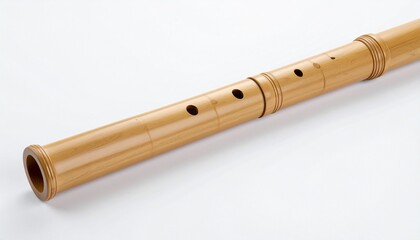 Naklejka premium Traditional Japanese shakuhachi flute—bamboo body, natural wood tone, cylindrical shape, finger holes, flared ends, smooth polished surface, cultural and meditative ambiance.