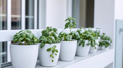 Fototapeta premium Basil Plants in White Pots on Balcony