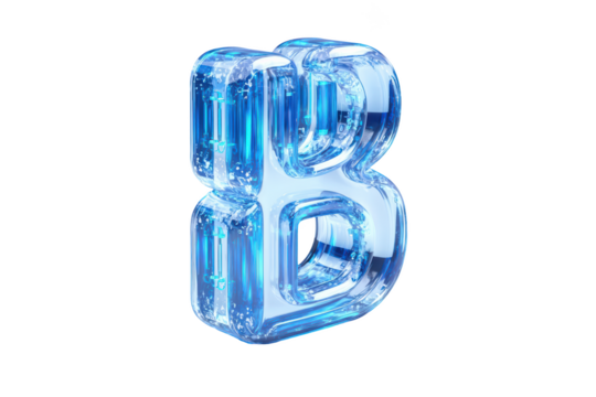3D rendered blue-ice letter B with transparent & reflective qualities, isolated