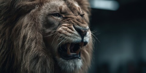 Majestic lion roaring in a dimly lit environment, displaying strength and power during nighttime