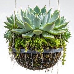 A decorative hanging succulent planter, filled with various succulents and moss, displayed against a plain background.