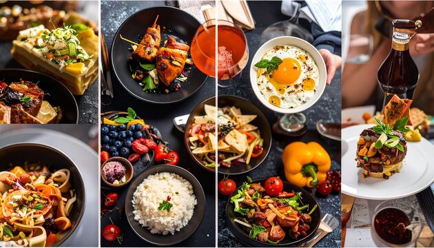 Gourmet food and drink collage—16-grid layout featuring elegant meals and beverages, rich textures, vibrant plating, upscale presentation.