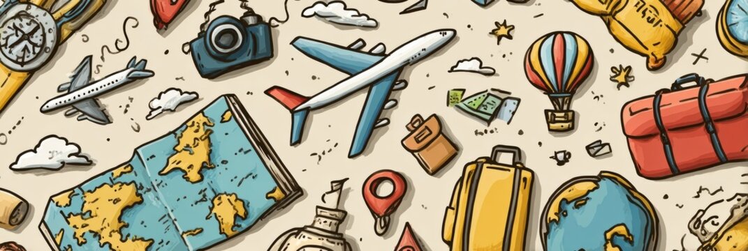 Colorful Illustration Depicting Travel Themes With an Airplane, Maps, and Various Travel Accessories on a Light Background