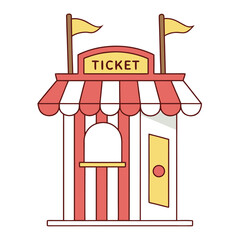 Vector art of a colorful ticket booth with red and white stripes and yellow flags