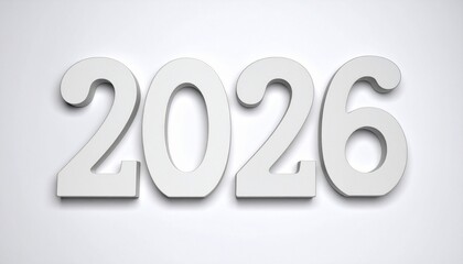 Bold white &ldquo;2026&rdquo; numerals&mdash;3D raised effect, soft shadows, light gray background, clean futuristic aesthetic, year marker.