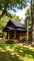 Rustic log cabin nestled in a wooded area