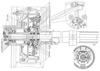 Obraz premium Rear axle of truck. Engineering automotive assembly mechanical drawing of steel device on paper sheet. Industrial cad scheme. Technology design of machine building industry. Machined template.