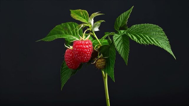 Close up of ripe red raspberries with green leaves against a dark background studio shot