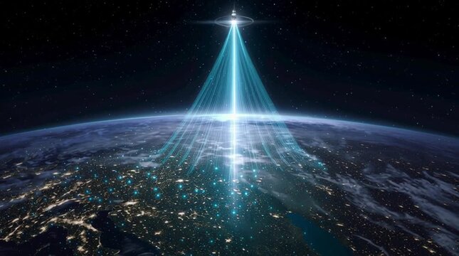 A satellite orbits Earth while projecting a massive cone of blue digital light and data toward a specific continent, symbolizing global connectivity, communication, and space-based technology.
