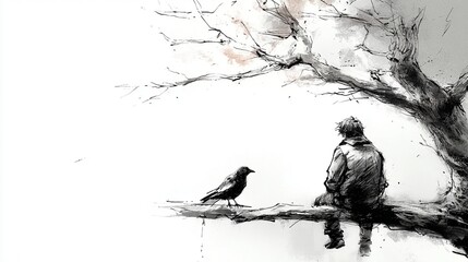 A lone figure sits quietly beside a crow.