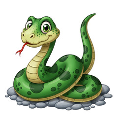 Fototapeta premium Illustration of a charming cartoon illustration of a green snake with big eyes and a friendly smile, coiled on a bed of pebbles against a transparent background, perfect for childrens content