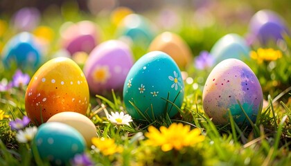 Brightly decorated Easter eggs on grassy field with daisies and dandelions, floral patterns, springtime celebration, soft background blur, cheerful atmosphere.
