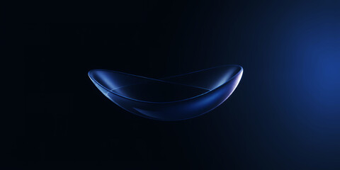 Close up shot of a single contact lens with blue lighting on a dark background space