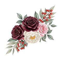Fototapeta premium Beautiful watercolor bouquet with marsala roses and peonies. Elegant floral arrangement for wedding stationery. Hand-painted botanical illustration with red berries for cards.