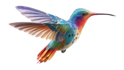 Fototapeta premium Vivid hummingbird in flight, iridescent feathers, vibrant colors. Isolated on black background