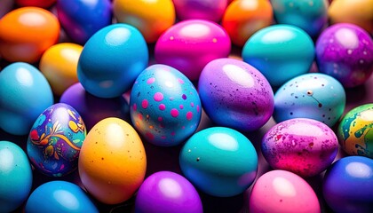 Brightly decorated Easter eggs on grassy field with daisies and dandelions, floral patterns, springtime celebration, soft background blur, cheerful atmosphere.
