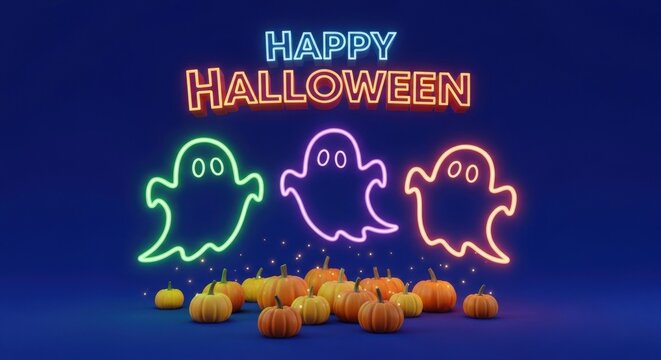 Celebrate Halloween with vibrant neon ghosts and pumpkins against a dark blue backdrop