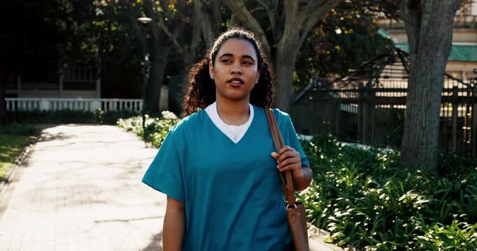 Medical, student and thinking with woman on campus for learning opportunity, doctor residency and idea. Healthcare internship, future and medicine program with person in university for reflection