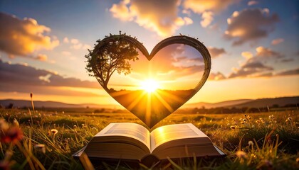 A heart-shaped opening in a book reveals a serene sunset landscape, filled with golden light and a solitary tree.