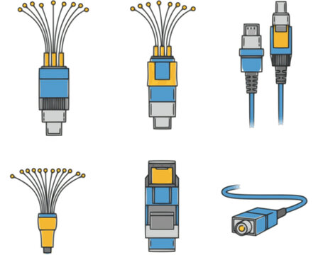 Fiber Optic Icons. Outline icon set of fiber optic cables: single-mode fiber connector, multimode fiber connector, fiber patch
