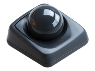 Dark gray, rounded, square-based, glossy ball-shaped input device