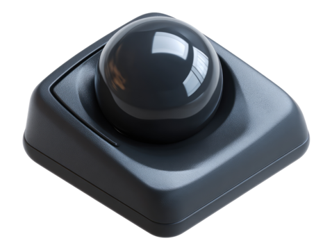 Dark gray, rounded, square-based, glossy ball-shaped input device