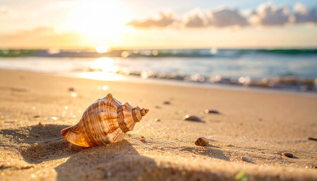 Conch shell on sandy beach at sunset—warm golden light, gentle waves, shadowed foreground, serene coastal scene, natural marine detail.
