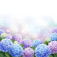 Fototapeta premium Dreamy background with blue and purple hydrangea flowers. Magical summer garden and rainy season concept. Sparkling floral border illustration for invitations or banners.